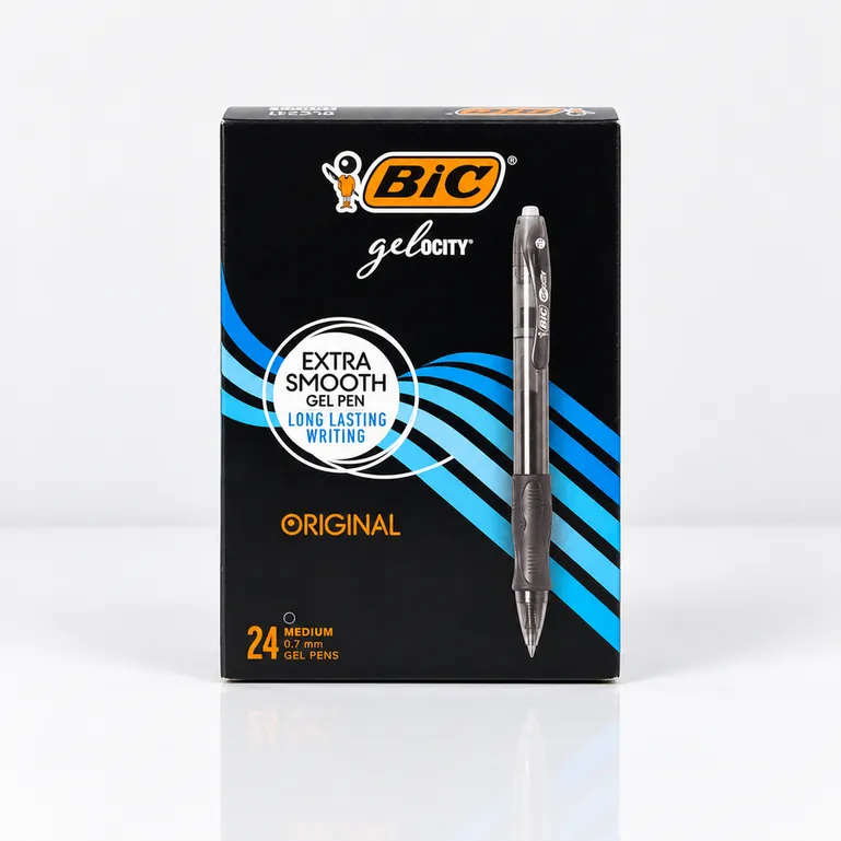 BIC Gelocity Original Retractable Gel Pens, Black Ink, 0.7 mm Medium Point — Box of 24